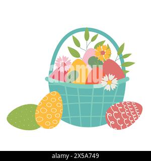 Korb voller gemalter Ostereier isoliert auf weißem Hintergrund. Trendiges Osterdesign. Ostereierjagd-Konzept. Flache Vektor-Illustration für Poster, i Stock Vektor