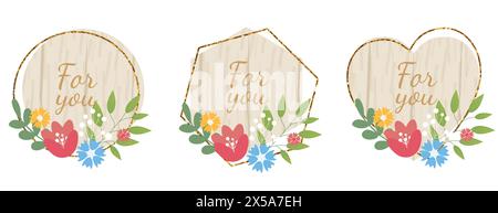 Design-Elemente aus Holz mit Blumen und Text für Sie. Vektor Holzplatte, Rahmen, Abzeichen, Etikett, Schild, Plakatkollektion. Brauner Hintergrund mit Stock Vektor