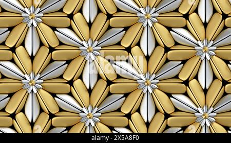 3D Hartholzfliesen mit goldmatten Elementen auf schwarzem Hintergrund. Hochwertige, nahtlose, realistische Textur. Stockfoto