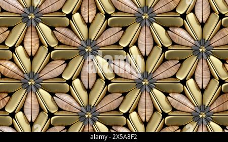 3D Hartholzfliesen mit goldmatten Elementen auf schwarzem Hintergrund. Hochwertige, nahtlose, realistische Textur. Stockfoto