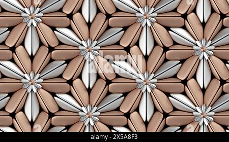 3D Hartholzfliesen mit goldmatten Elementen auf schwarzem Hintergrund. Hochwertige, nahtlose, realistische Textur. Stockfoto