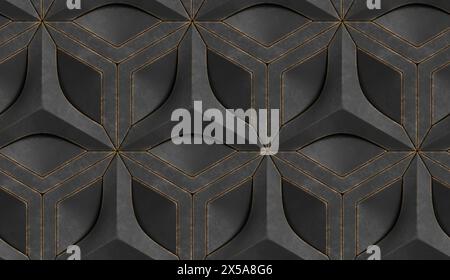 Dieses Bild zeigt eine Nahansicht einer schwarzen Wandplatte mit geometrischem 3D-Muster und eleganten goldenen Linien, die perfekt für die moderne Inneneinrichtung geeignet ist Stockfoto
