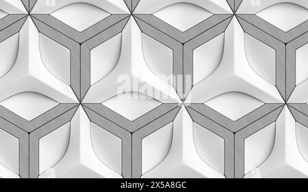 Abstrakte geometrische 3D-Tapete mit nahtlosem Muster aus weiß- und Grautönen, ideal für moderne Hintergründe Stockfoto