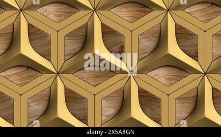 3D-Fliesen aus massiven Elementen aus Gold und Holzeiche hochwertige nahtlose, realistische Textur Stockfoto