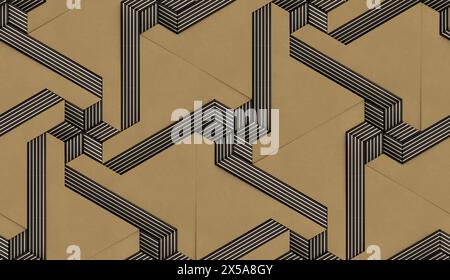 Eine 3D-Illustration von Geomodule-Segmenten, die eine komplexe Palette papierähnlicher Elemente in braunen und metallischen Streifen zeigt, die an Kus erinnern Stockfoto