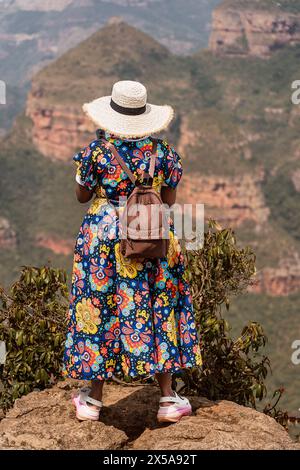 Rückansicht einer nicht erkennbaren Frau, die in einem lebendigen Kleid mit Blumenmuster und Sonnenmütze gekleidet ist, steht mit dem Rücken zur Kamera und blickt hinaus Stockfoto