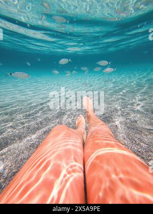 Beine schwimmen im klaren, glitzernden Wasser Sardiniens, umgeben von Fischen und dem Tanz des Sonnenlichts auf Kieselsteinen Stockfoto