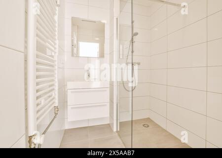 Modernes, minimalistisches Badezimmer mit weißem Kosmetikbereich, Handtuchheizkörper und Duschkabine aus Glas. Stockfoto