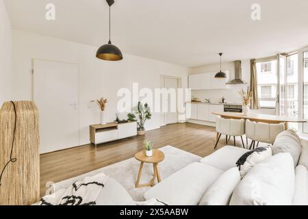Helles und luftiges, modernes Wohnzimmer, das nahtlos mit einer weißen Küche mit modernen Möbeln und Dekor verbunden ist. Stockfoto