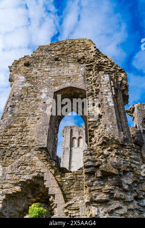 Die Ruinen von Corfe Castle in Corfe, Dorset an einem wunderschönen Apriltag mit blauem Himmel und hohen weißen Wolken Stockfoto