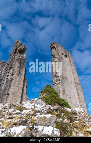 Die Ruinen von Corfe Castle in Corfe, Dorset an einem wunderschönen Apriltag mit blauem Himmel und hohen weißen Wolken Stockfoto