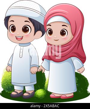 Happy Eid Al-Fitr Clipart, ein paar fröhliche muslimische Kinder stehen in schöner muslimischer Kleidung Stock Vektor