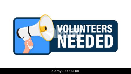 Freiwillige werden benötigt. Halten Sie den Megaphonlautsprecher für die Ankündigung mit der Hand. Achtung, bitte. Schreiende Leute, Werbesprache Symbol Stock Vektor