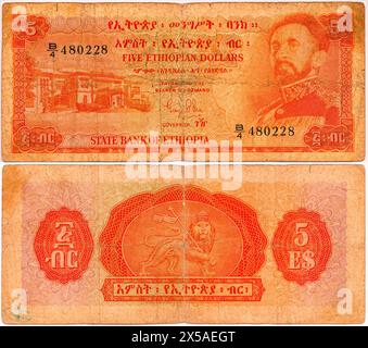 Äthiopien 1970er Jahre, fünf äthiopische Dollar Banknote, Recto und Verso beide Seiten, Ostafrika, Stockfoto