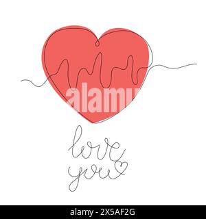 Umrandet das Herz mit dem Herzschlagvektor eine Linie, durchgehende Zeichnung Illustration. Symbol für handgezeichnete lineare Silhouette. Minimales Konturentwurzelelement für p Stock Vektor