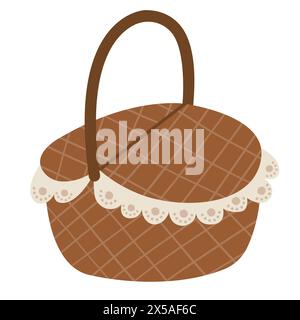 Gewebter Korb mit Griff für Ernte und Lagerung. Vektorillustration isoliert auf weißem Hintergrund. Element für Druck, Banner, Karte, Broschüre Stock Vektor