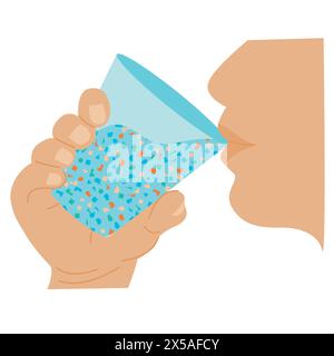 Mikroplastik-Verschmutzungskonzept. Person Trinkwasser mit Mikroplastik. Umweltverschmutzung durch giftige Abfälle. Giftige Stücke in Glas Wasser. Vec Stock Vektor