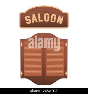 Vintage-Holzschild und Türen im Salon, ästhetisches Cowboy-Konzept. Wilder Westen, Landhausstil. Illustration des flachen Vektors auf weißem Hintergrund isoliert. Eleme Stock Vektor