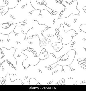 Abstrakte Vögel durchgehend eine Linie, die nahtloses Muster in Farbfeldern zeichnet. Flying Birds Line Art auf weißem Hintergrund in schwarz-weißen Farben, Vektor i Stock Vektor