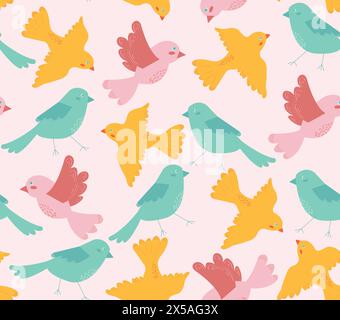 Bunte Vögel zeichnen nahtloses Muster in Farbfeldern. Fliegende Vögel auf rosa Hintergrund, Vektorillustration für Karte, Banner, Poster, Tapete Stock Vektor