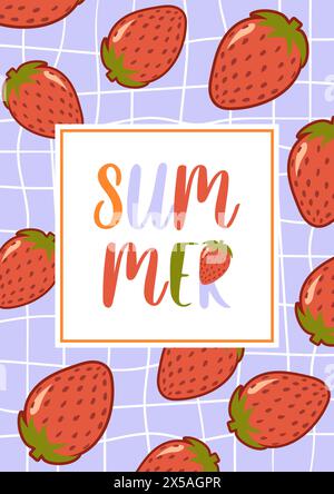 Hallo Sommer. Postkarten, Banner zum Verkauf. Reife Erdbeeren auf einer karierten Tischdecke. Illustration im Kawaii-Stil. Groovig, Vintage. Trendiges altes styl Stock Vektor