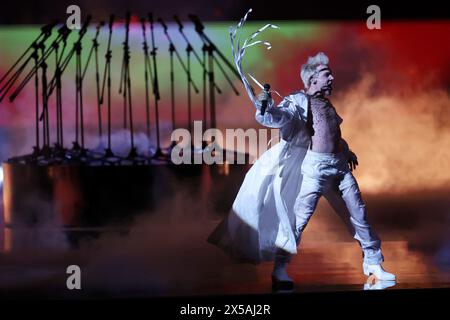 Malmö, Schweden. Mai 2024. Der belgische Kandidat Mustii (Thomas Mustin) wurde bei einer Probe vor dem morgigen zweiten Halbfinale beim Eurovision Song Contest 2024 in der Malmö Arena in Malmö, Schweden, am Mittwoch, den 08. Mai 2024, vorgestellt. BELGA PHOTO SANJIN STRUKIC Credit: Belga News Agency/Alamy Live News Stockfoto
