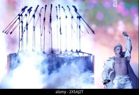 Malmö, Schweden. Mai 2024. Der belgische Kandidat Mustii (Thomas Mustin) wurde bei einer Probe vor dem morgigen zweiten Halbfinale beim Eurovision Song Contest 2024 in der Malmö Arena in Malmö, Schweden, am Mittwoch, den 08. Mai 2024, vorgestellt. BELGA PHOTO SANJIN STRUKIC Credit: Belga News Agency/Alamy Live News Stockfoto