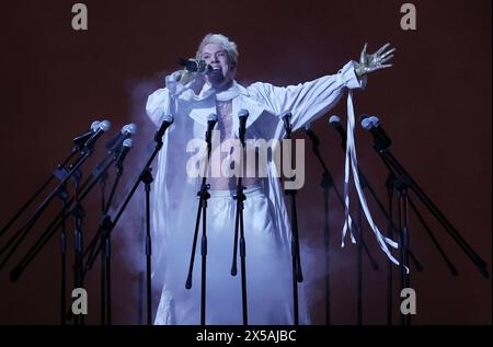 Malmö, Schweden. Mai 2024. Der belgische Kandidat Mustii (Thomas Mustin) wurde bei einer Probe vor dem morgigen zweiten Halbfinale beim Eurovision Song Contest 2024 in der Malmö Arena in Malmö, Schweden, am Mittwoch, den 08. Mai 2024, vorgestellt. BELGA PHOTO SANJIN STRUKIC Credit: Belga News Agency/Alamy Live News Stockfoto