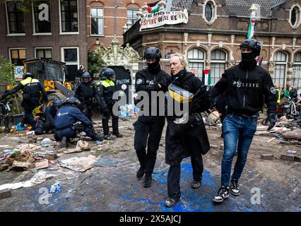 AMSTERDAM - Polizeibeamte verhaften einen Demonstranten auf dem Gelände von Binnengasthuis der Universität Amsterdam (UVA). Die Eingänge zum Standort waren von mehreren Seiten blockiert, unter anderem mit Paletten und Fahrradständern. Die Demonstranten protestierten in Solidarität mit pro-palästinensischen Studenten, die während der Proteste auf dem Campus Roeterseiland von der Polizei entfernt wurden. ANP RAMON VAN FLYMEN niederlande aus - belgien aus Stockfoto