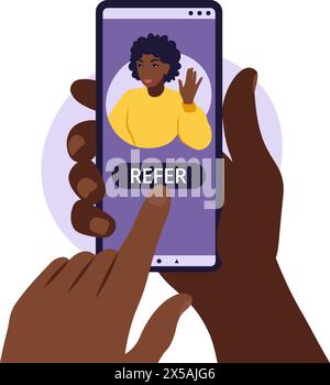 Hände halten Smartphone mit einem Profil oder Benutzerkonto einer afrikanischen Frau in sozialen Medien. Empfehlen Sie einen Freund, und befolgen Sie dabei das Konzept zum Hinzufügen. Vektorabbildung Stock Vektor