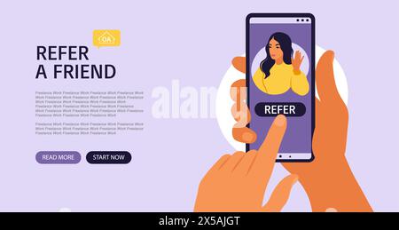 Hände, die ein Smartphone mit einem Profil oder Benutzerkonto in sozialen Medien halten. Landing-Page Empfehlen Sie einen Freund, befolgen Sie das Konzept für Hinzufügen. Vektor Stock Vektor