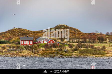 Häuser im typischen norwegischen Baustill an der Küste des norwegischen Meers nach dem Hafen Torvik. (Torvik, Norwegen, 11.10.2023) Stockfoto