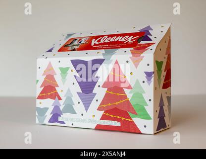 BEMIDJI, MN - 17 NOV 2020: Schachtel Kleenex Papier Einweg-Handtücher mit Weihnachtsbäumen.. Kleenex ist ein amerikanisches Unternehmen für Tissue- und Papierprodukte Stockfoto