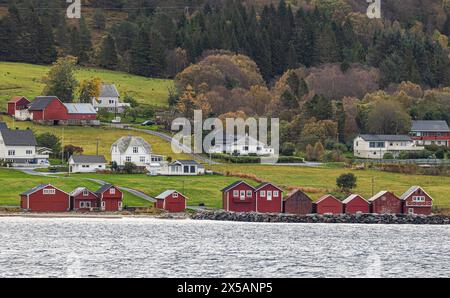 Häuser im typischen norwegischen Baustill an der Küste des norwegischen Meers nach dem Hafen Torvik. (Torvik, Norwegen, 11.10.2023) Stockfoto