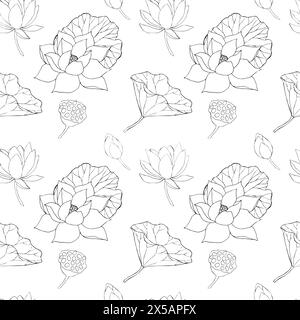 Nahtloses Muster mit Lotusblüten, Blättern und Knospen schwarz. Abbildung der Vektorlinie. Umrisszeichnung mit Blumenmuster für Logo, Tätowierung und Verpackungsdesign Stock Vektor