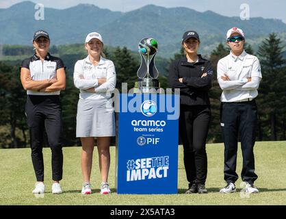 Goyang, Südkorea. Mai 2024. (L bis R) Pauline Roussin-Bouchard aus Frankreich, Bronte Law aus England, Danielle Kang aus den USA, Kim Hyo-joo aus Südkorea, Fotokonferenz für die Medien vor ihrer Pressekonferenz der Ladies Europian Tour (LET) „Aramco Team Series 2024“ in New Korea C. C in Goyang, nördlich von Seoul, Südkorea am 8. Mai 2024. (Foto: Lee Young-HO/SIPA USA) Credit: SIPA USA/Alamy Live News Stockfoto