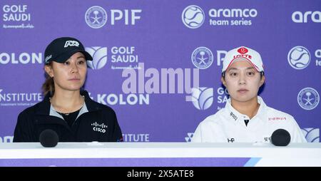 Goyang, Südkorea. Mai 2024. (L bis R) Danielle Kang aus den USA, Kim Hyo-joo aus Südkorea, Pressekonferenz für die Medien der Ladies Europian Tour (LET) Aramco Team Series 2024 in New Korea C. C in Goyang, nördlich von Seoul, Südkorea am 8. Mai 2024. (Foto: Lee Young-HO/SIPA USA) Credit: SIPA USA/Alamy Live News Stockfoto