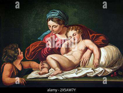 Illustration der Jungfrau Maria, des Jesuskindes und des jungen Heiligen Johannes (Lukas) aus dem 19. Jahrhundert illustrierte Familienbibel Stockfoto