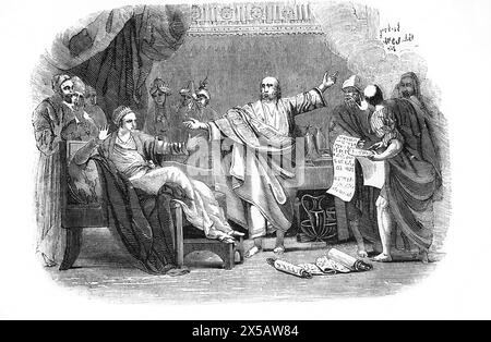 Illustration von Daniel, der die Handschrift an der Mauer während des Festes von Belshazzar von Benjamin West aus der illustrierten Familienbibel interpretiert Stockfoto