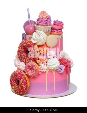 Eleganter rosa und lila Kuchen für Mädchen oder Frauen. Isoliert auf weißem Hintergrund mit Kopierraum für Text. Dekoriert mit Schokolade Stockfoto
