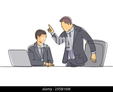 Eine einzige Zeilenzeichnung, in der junge verärgerte Manager Mitarbeiter nach Fehlern bei der Leistung von Vertriebsdaten befragt. Arbeitsproblem am Bürokonzept. Trendiger Continuo Stock Vektor