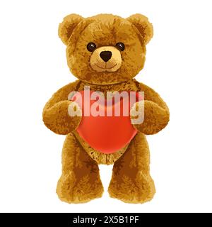Braunes stehendes Bärenspielzeug mit rotem Herz. Realistische Vektorillustration isoliert auf weißem Hintergrund. Niedlicher Teddycharakter. Modeschmuck, Begrüßung c Stock Vektor