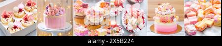 Collage mit rosa Desserts, Cupcakes, Kuchen, Marshmallow, Süßigkeiten, Süßigkeiten Stockfoto