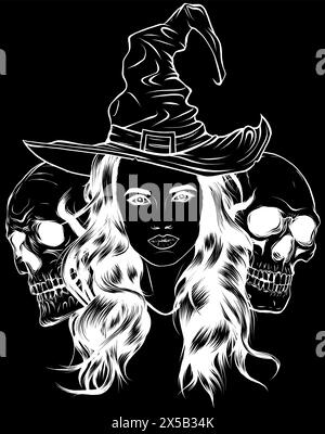 Weiße Silhouette einer toten Hexe mit zwei Zuckerschädeln auf schwarzem Hintergrund Stock Vektor