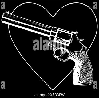 Weiße Silhouette der klassischen goldenen Revolver-Vektor-Illustration auf schwarzem Hintergrund Stock Vektor