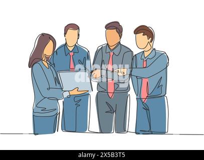 Eine fortlaufende Linienzeichnung junger glücklicher männlicher und weiblicher Arbeiter, die im Besprechungsraum stehen und über das Projekt diskutieren. Arbeitsgespräch im Büro Konz Stock Vektor