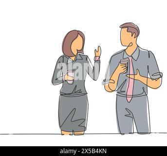 Eine einzige kontinuierliche Strichzeichnung von zwei jungen männlichen und weiblichen Arbeiter, die während der Büropause einen Pappbecher trinken und plaudern. Pause bei der Arbeit concep Stock Vektor