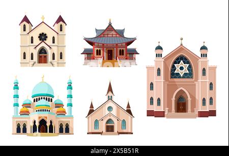 Katholische und orthodoxe Kirche, buddhistischer Tempel, Moschee, Synagogengebäude. Stock Vektor