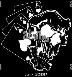 Weiße Silhouette von Poker Face-Skull und vier Asse auf schwarzem Hintergrund Vektor Illustration Stock Vektor