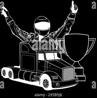 Weiße Silhouette des Piloten und Truck Racers auf schwarzem Hintergrund Vektorvorlage Stock Vektor